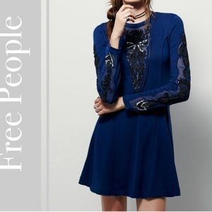 NWT Free People Small Long Sleeve Beaded Blue Dress